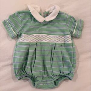 The Beaufort Bonnet Company Green & White Striped Smocked Baby One-Piece